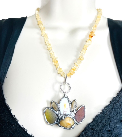 Citrine Sea Glass & Broken China Artisan Pendant Vintage Triple Chain Necklace - Picture 4 of 12